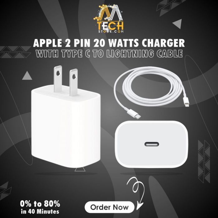 Branded Charger 20W PD Support For IPHONE/IPAD + TYPE C To Lightning Cable 1M | 2 Pin |