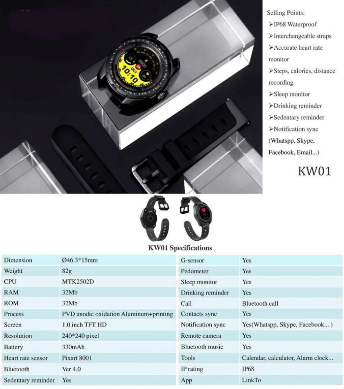 Kingwear KW01 Smartwatch IP68 Waterproof Bluetooth – Black