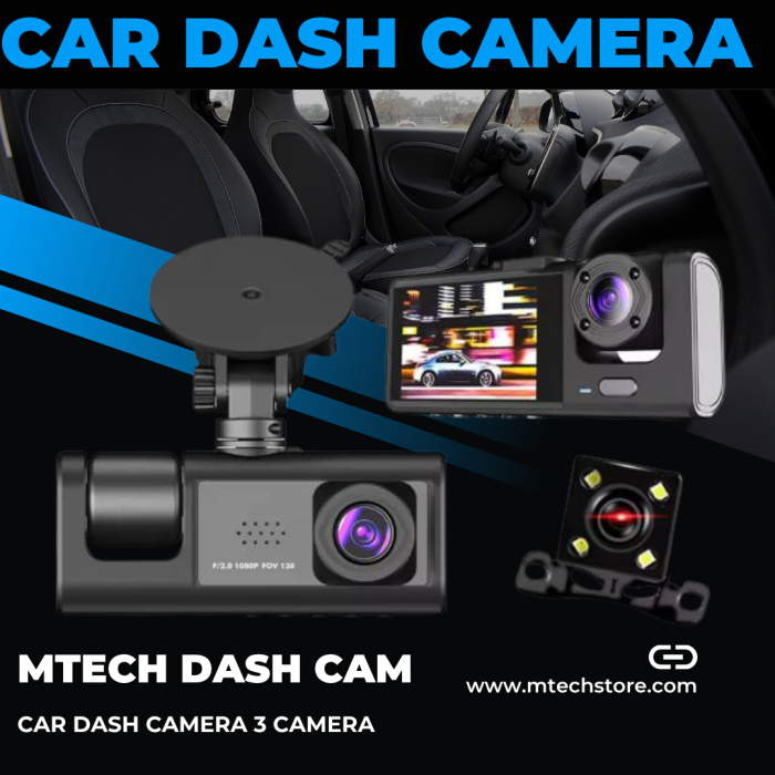 Y16 3 Channel Dash Cam HD 1080P Front & Rear | 170° Wide Angle Car DVR with G-Sensor & Parking Control – MTech Store Pakistan